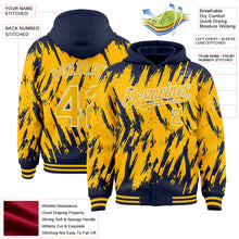 Загрузить изображение в средство просмотра галереи, Custom Navy Gold-White Abstract Sharp Shape Fragment 3D Pattern Design Bomber Full-Snap Varsity Letterman Hoodie Jacket

