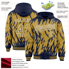 Load image into Gallery viewer, Custom Navy Old Gold Black-White Abstract Sharp Shape Fragment 3D Pattern Design Bomber Full-Snap Varsity Letterman Hoodie Jacket
