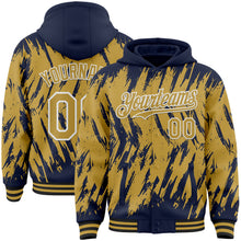 Load image into Gallery viewer, Custom Navy Old Gold Black-White Abstract Sharp Shape Fragment 3D Pattern Design Bomber Full-Snap Varsity Letterman Hoodie Jacket
