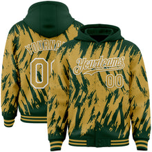 Load image into Gallery viewer, Custom Green Old Gold-White Abstract Sharp Shape Fragment 3D Pattern Design Bomber Full-Snap Varsity Letterman Hoodie Jacket
