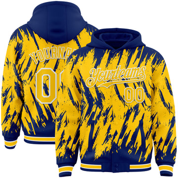 Custom Royal Yellow-White Abstract Sharp Shape Fragment 3D Pattern Design Bomber Full-Snap Varsity Letterman Hoodie Jacket