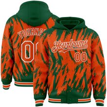 Charger l'image dans la galerie, Custom Kelly Green Orange-White Abstract Sharp Shape Fragment 3D Pattern Design Bomber Full-Snap Varsity Letterman Hoodie Jacket
