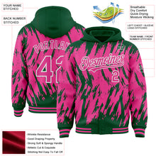Laden Sie das Bild in den Galerie-Viewer, Custom Kelly Green Pink-White Abstract Sharp Shape Fragment 3D Pattern Design Bomber Full-Snap Varsity Letterman Hoodie Jacket
