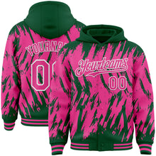 Laden Sie das Bild in den Galerie-Viewer, Custom Kelly Green Pink-White Abstract Sharp Shape Fragment 3D Pattern Design Bomber Full-Snap Varsity Letterman Hoodie Jacket
