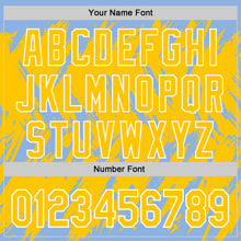 Load image into Gallery viewer, Custom Light Blue Yellow-White Abstract Sharp Shape Fragment 3D Pattern Design Bomber Full-Snap Varsity Letterman Hoodie Jacket
