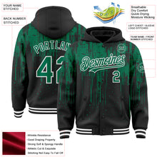 Charger l'image dans la galerie, Custom Black Kelly Green-White Dripping Splatter 3D Pattern Design Bomber Full-Snap Varsity Letterman Hoodie Jacket
