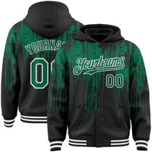 Charger l'image dans la galerie, Custom Black Kelly Green-White Dripping Splatter 3D Pattern Design Bomber Full-Snap Varsity Letterman Hoodie Jacket
