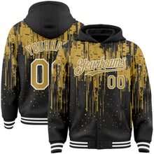 Load image into Gallery viewer, Custom Black Old Gold-White Dripping Splatter 3D Pattern Design Bomber Full-Snap Varsity Letterman Hoodie Jacket
