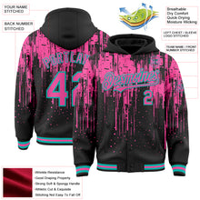 Load image into Gallery viewer, Custom Black Pink-Aqua Dripping Splatter 3D Pattern Design Bomber Full-Snap Varsity Letterman Hoodie Jacket
