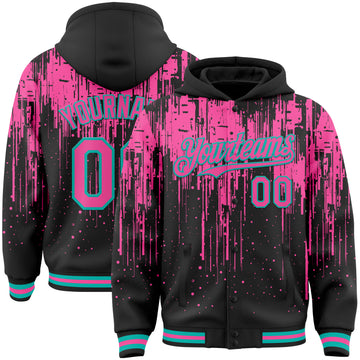 Custom Black Pink-Aqua Dripping Splatter 3D Pattern Design Bomber Full-Snap Varsity Letterman Hoodie Jacket
