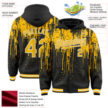 Charger l'image dans la galerie, Custom Black Gold-White Dripping Splatter 3D Pattern Design Bomber Full-Snap Varsity Letterman Hoodie Jacket
