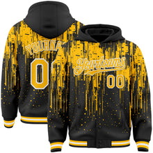 Charger l'image dans la galerie, Custom Black Gold-White Dripping Splatter 3D Pattern Design Bomber Full-Snap Varsity Letterman Hoodie Jacket
