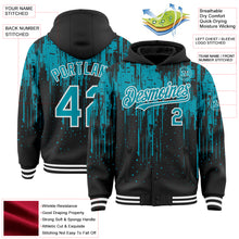 Laden Sie das Bild in den Galerie-Viewer, Custom Black Teal-White Dripping Splatter 3D Pattern Design Bomber Full-Snap Varsity Letterman Hoodie Jacket
