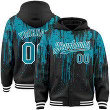 Laden Sie das Bild in den Galerie-Viewer, Custom Black Teal-White Dripping Splatter 3D Pattern Design Bomber Full-Snap Varsity Letterman Hoodie Jacket
