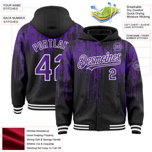 Загрузить изображение в средство просмотра галереи, Custom Black Purple-White Dripping Splatter 3D Pattern Design Bomber Full-Snap Varsity Letterman Hoodie Jacket
