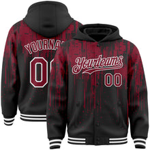 Загрузить изображение в средство просмотра галереи, Custom Black Crimson-White Dripping Splatter 3D Pattern Design Bomber Full-Snap Varsity Letterman Hoodie Jacket
