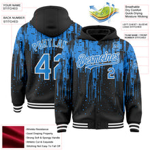 Загрузить изображение в средство просмотра галереи, Custom Black Powder Blue-White Dripping Splatter 3D Pattern Design Bomber Full-Snap Varsity Letterman Hoodie Jacket
