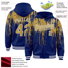 Загрузить изображение в средство просмотра галереи, Custom Royal Old Gold-White Dripping Splatter 3D Pattern Design Bomber Full-Snap Varsity Letterman Hoodie Jacket
