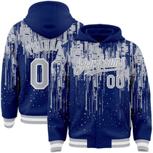 Загрузить изображение в средство просмотра галереи, Custom Royal Gray-White Dripping Splatter 3D Pattern Design Bomber Full-Snap Varsity Letterman Hoodie Jacket
