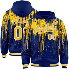 Load image into Gallery viewer, Custom Royal Yellow-White Dripping Splatter 3D Pattern Design Bomber Full-Snap Varsity Letterman Hoodie Jacket
