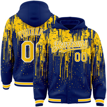 Custom Royal Yellow-White Dripping Splatter 3D Pattern Design Bomber Full-Snap Varsity Letterman Hoodie Jacket