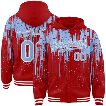 Custom Red Light Blue-White Dripping Splatter 3D Pattern Design Bomber Full-Snap Varsity Letterman Hoodie Jacket