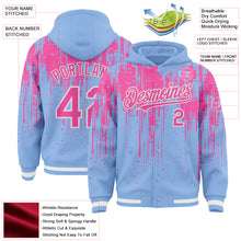 Загрузить изображение в средство просмотра галереи, Custom Light Blue Pink-White Dripping Splatter 3D Pattern Design Bomber Full-Snap Varsity Letterman Hoodie Jacket
