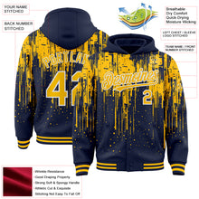 Загрузить изображение в средство просмотра галереи, Custom Navy Gold-White Dripping Splatter 3D Pattern Design Bomber Full-Snap Varsity Letterman Hoodie Jacket
