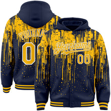 Загрузить изображение в средство просмотра галереи, Custom Navy Gold-White Dripping Splatter 3D Pattern Design Bomber Full-Snap Varsity Letterman Hoodie Jacket
