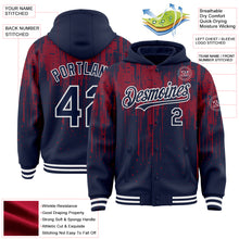 Загрузить изображение в средство просмотра галереи, Custom Navy Crimson-White Dripping Splatter 3D Pattern Design Bomber Full-Snap Varsity Letterman Hoodie Jacket
