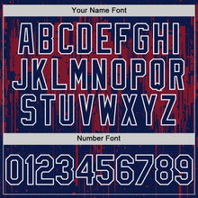 Загрузить изображение в средство просмотра галереи, Custom Navy Crimson-White Dripping Splatter 3D Pattern Design Bomber Full-Snap Varsity Letterman Hoodie Jacket
