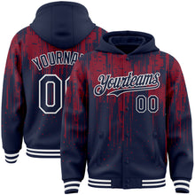 Загрузить изображение в средство просмотра галереи, Custom Navy Crimson-White Dripping Splatter 3D Pattern Design Bomber Full-Snap Varsity Letterman Hoodie Jacket
