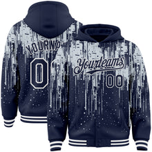 Load image into Gallery viewer, Custom Navy Silver-White Dripping Splatter 3D Pattern Design Bomber Full-Snap Varsity Letterman Hoodie Jacket
