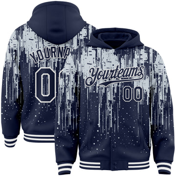 Custom Navy Silver-White Dripping Splatter 3D Pattern Design Bomber Full-Snap Varsity Letterman Hoodie Jacket