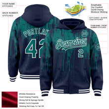 Загрузить изображение в средство просмотра галереи, Custom Navy Teal-White Dripping Splatter 3D Pattern Design Bomber Full-Snap Varsity Letterman Hoodie Jacket
