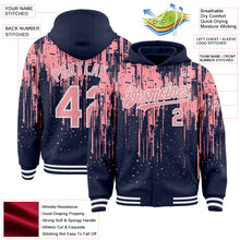 Загрузить изображение в средство просмотра галереи, Custom Navy Medium Pink-White Dripping Splatter 3D Pattern Design Bomber Full-Snap Varsity Letterman Hoodie Jacket
