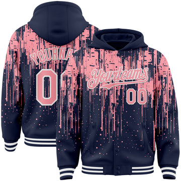 Custom Navy Medium Pink-White Dripping Splatter 3D Pattern Design Bomber Full-Snap Varsity Letterman Hoodie Jacket