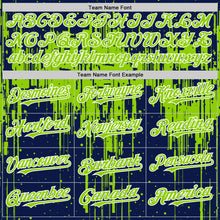 Загрузить изображение в средство просмотра галереи, Custom Navy Neon Green-White Dripping Splatter 3D Pattern Design Bomber Full-Snap Varsity Letterman Hoodie Jacket
