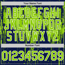 Загрузить изображение в средство просмотра галереи, Custom Navy Neon Green-White Dripping Splatter 3D Pattern Design Bomber Full-Snap Varsity Letterman Hoodie Jacket
