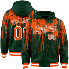 Загрузить изображение в средство просмотра галереи, Custom Green Orange-White Dripping Splatter 3D Pattern Design Bomber Full-Snap Varsity Letterman Hoodie Jacket
