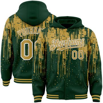 Custom Green Old Gold-White Dripping Splatter 3D Pattern Design Bomber Full-Snap Varsity Letterman Hoodie Jacket