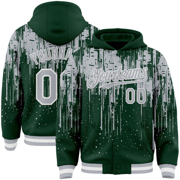 Custom Green Gray-White Dripping Splatter 3D Pattern Design Bomber Full-Snap Varsity Letterman Hoodie Jacket