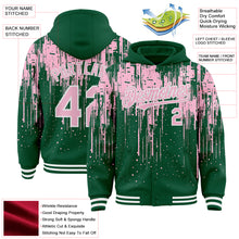 Загрузить изображение в средство просмотра галереи, Custom Kelly Green Light Pink-White Dripping Splatter 3D Pattern Design Bomber Full-Snap Varsity Letterman Hoodie Jacket
