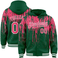 Загрузить изображение в средство просмотра галереи, Custom Kelly Green Neon Pink-White Dripping Splatter 3D Pattern Design Bomber Full-Snap Varsity Letterman Hoodie Jacket
