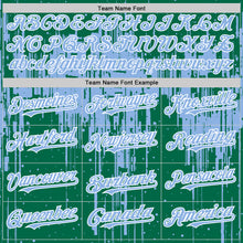 Загрузить изображение в средство просмотра галереи, Custom Kelly Green Light Blue-White Dripping Splatter 3D Pattern Design Bomber Full-Snap Varsity Letterman Hoodie Jacket
