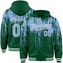 Загрузить изображение в средство просмотра галереи, Custom Kelly Green Light Blue-White Dripping Splatter 3D Pattern Design Bomber Full-Snap Varsity Letterman Hoodie Jacket
