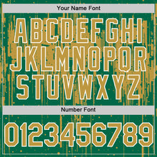 Загрузить изображение в средство просмотра галереи, Custom Kelly Green Old Gold-White Dripping Splatter 3D Pattern Design Bomber Full-Snap Varsity Letterman Hoodie Jacket
