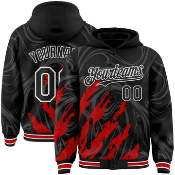 Custom Black Red-White Splash 3D Pattern Design Bomber Full-Snap Varsity Letterman Hoodie Jacket