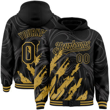 Загрузить изображение в средство просмотра галереи, Custom Black Old Gold Splash 3D Pattern Design Bomber Full-Snap Varsity Letterman Hoodie Jacket
