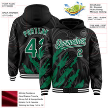 Загрузить изображение в средство просмотра галереи, Custom Black Kelly Green-White Splash 3D Pattern Design Bomber Full-Snap Varsity Letterman Hoodie Jacket
